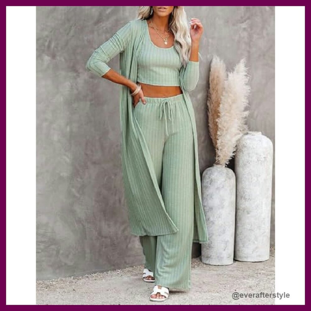 3 Piece Lounge Set Knit Cardigan Crop Top Wide Leg Pants Comfy Chic - Picture 4 of 8